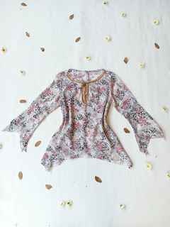 Blusa de voil estampada mangas flares bege -P