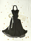 Vestido longo/super midi preto frente única drapeado - P/PP