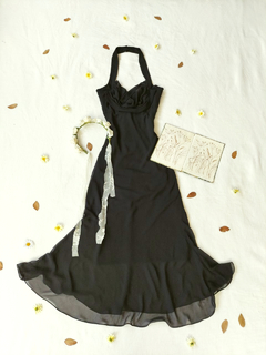 Vestido longo/super midi preto frente única drapeado - P/PP