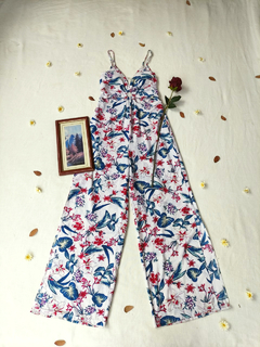 Imagem do Macacão longo branco floral azul/vermelho pantalona - M/G
