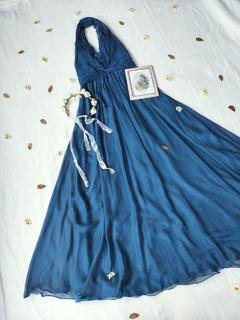 Vestido longo festa azul petroleo frente unica - P/PP