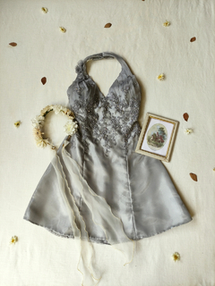 Vestido cinza claro de organza com renda bordada - M