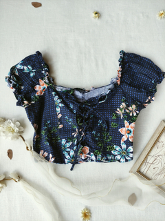 Blusa cropped azul floral camponesa - M - loja online