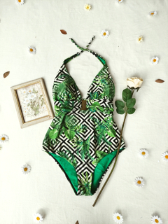 Maiô verde/preto/branco folhagens - M/G