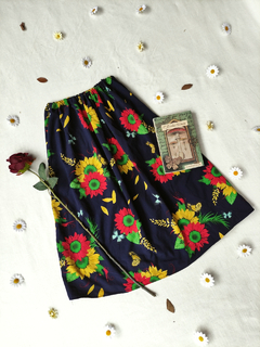 Saia midi marinho floral girassóis - PP/P/M