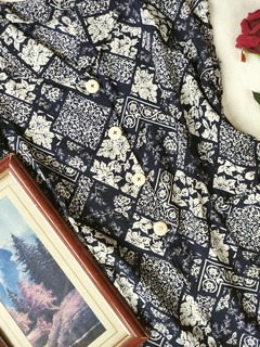 Vestido midi vintage marinho e branco floral - GG/XG - Themargare