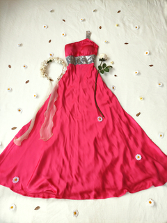 Vestido longo pink/prata evasê - P
