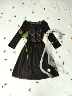 Vestido preto de voil e renda romântico - M