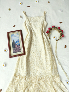 Vestido festa longo de renda pérola saia de bicos - PP/P - loja online
