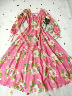 Vestido longo rosa floral godê P/M - comprar online