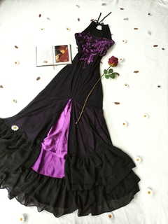 Vestido festa longo preto/roxo de tule e bordado fada - M/G
