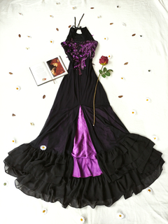 Vestido festa longo preto/roxo de tule e bordado fada - M/G