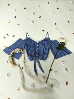Cropped azul mangas flares de amarrar - P
