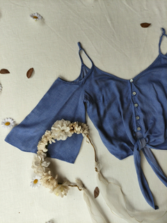 Cropped azul mangas flares de amarrar - P - comprar online