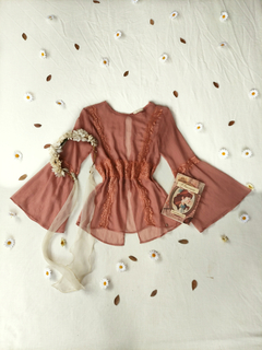 Blusa de voil rose, com renda mangas flares fairy - M