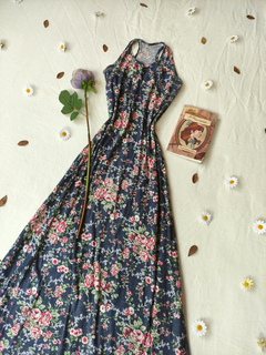 Vestido longo azul floral de malha - M - comprar online