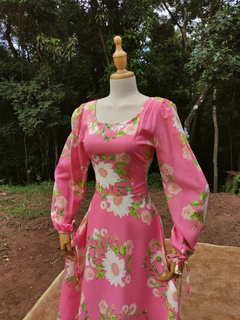 Vestido longo rosa floral godê P/M - loja online
