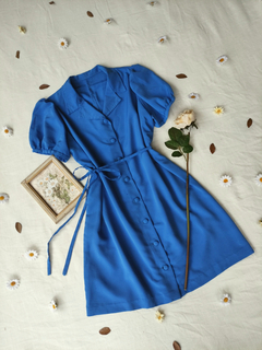 Vestido social azul vintage de botões boneca - G/GG