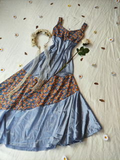 Vestido azul cetim e floral fairy - P - loja online