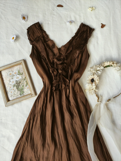 Vestido festa super midi marrom de seda Shoulder - M/G - comprar online
