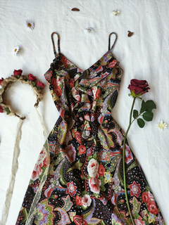 Vestido festa super midi preto/floral saia de bicos - G