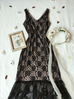 Vestido festa longo preto de tule bordado - M