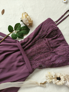 Vestido festa longo/super midi roxo vintage bordado - P