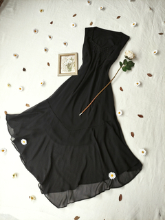 Vestido festa longo/super midi preto assimétrico bordado - XG