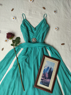 Vestido festa longo verde tiffany com echarpe - G - comprar online