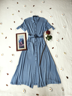 Vestido super midi chemise azul de botões - P