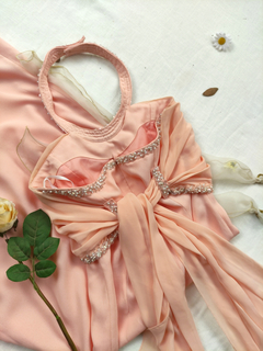 Vestido festa longo/super midi salmão bordado vintage - M