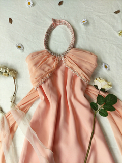 Vestido festa longo/super midi salmão bordado vintage - M - loja online