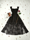 Vestido festa preto super midi de renda e voil - P
