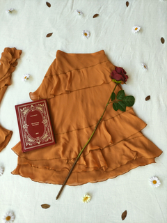 Conjunto saia + blusa mostarda de babados - P/M
