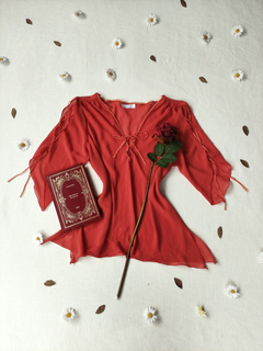 Blusa laranja social boho com rendinhas - G