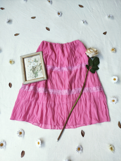 Saia midi rosa amassadinha com rendinhas - M - comprar online