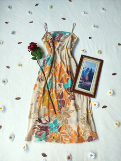 Vestido festa midi bege folhagens - P