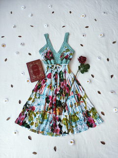 Vestido midi boho de algodão e rendinhas floral - M/G