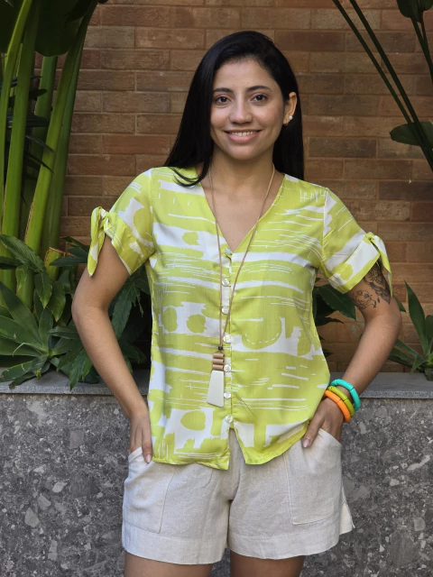 Blusa Decote V Laço Manga 21117 - Estampada