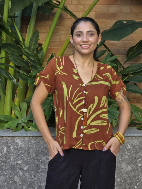 Blusa Decote V Laço Manga 21117 - Estampada A - comprar online