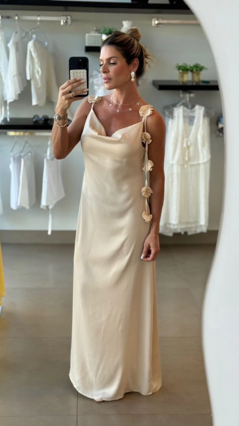 Vestido Alça Flores Nude