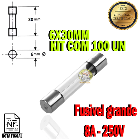 Fusivel Grande de Vidro 8A 250V 6x30mm Caixa com 100 Peças