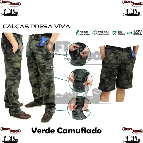 Calça Presa Viva - 08 Bolsos Com Ziper-Poliamida Verde Camuflada