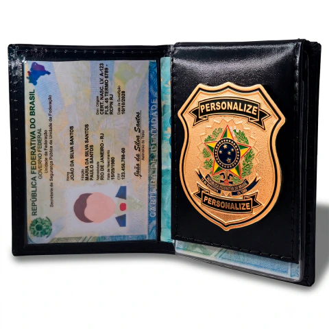 República Personalizado - Carteira em Couro Legítimo com Brasão em Metal Maciço - Porta Documentos