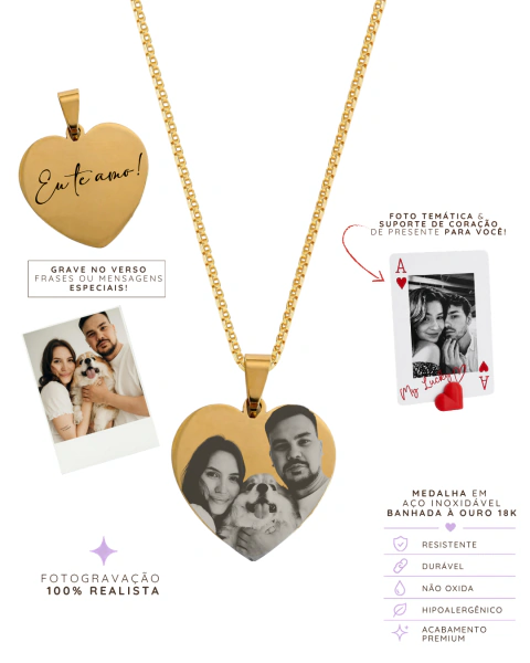 COLAR FOTOGRAVAÇÃO MEDALHA CORAÇÃO G ✦ DOURADO