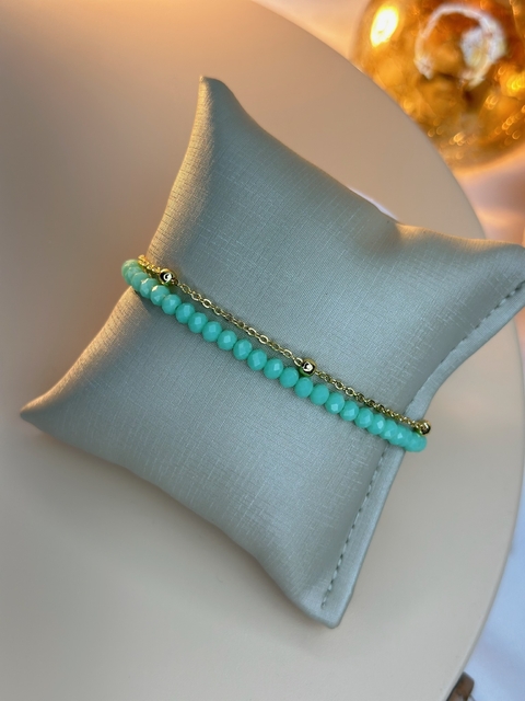 Pulseira dupla boleada com cristal verde agua folheado PUMJ01 - comprar online