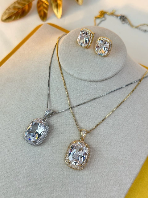 Kit colar/brinco LUXO quadrado borda cravejada COSN06 - comprar online