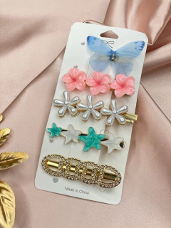 Kit 5 peças mu03 borboleta azul e hibiscos rosa