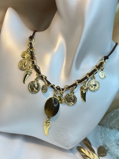 Colar courino com corrente e pedra COJ01 - Ruchelli Bijoux