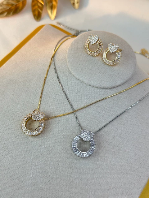 Kit colar/brinco LUXO circulo coração cravejado/zircônia COSN06 - comprar online